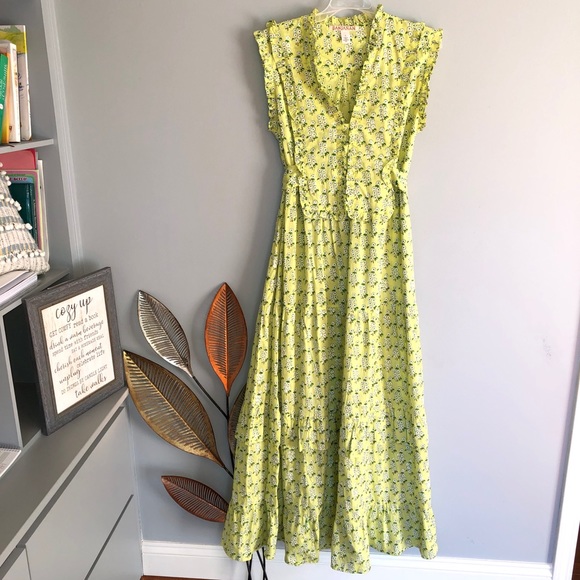 Banjanan Lime Floral Sleeveless V Ruffle Neck Maxi